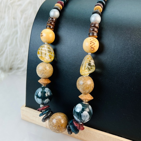Vintage Chunky African Tribal Safari Elephant Wooden Bead  African Bohemian chic vintage beaded wood costume necklace